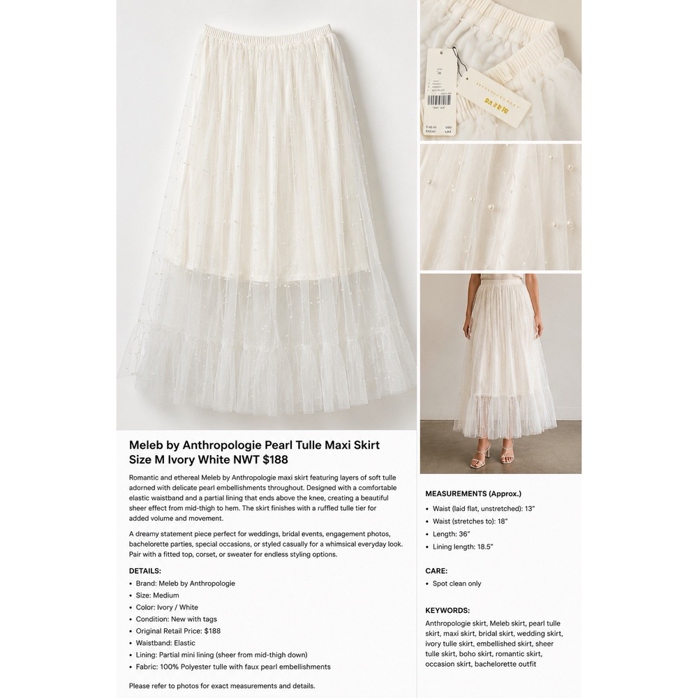 Meleb Anthropologie Pearl Tulle Maxi Skirt Size M Ivory White Bridal NWT $188